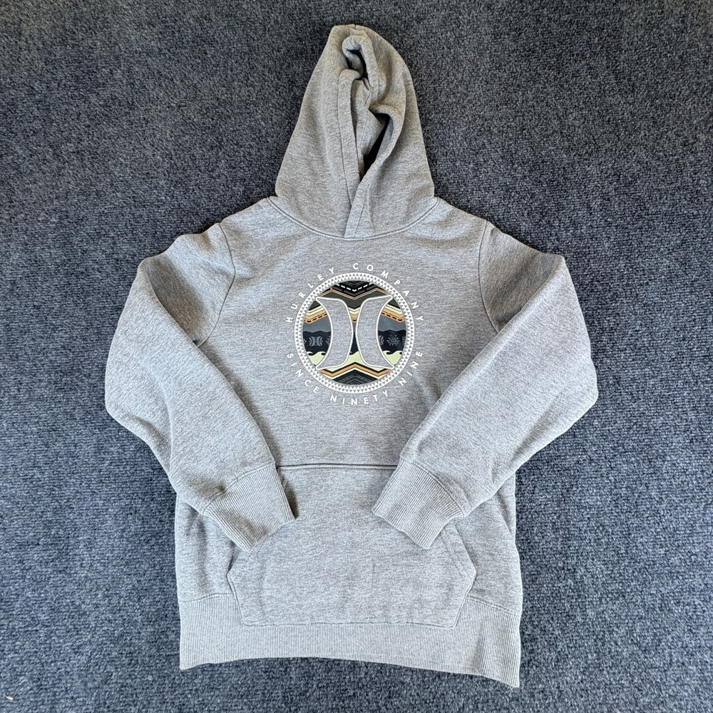 Hurley Hoodie Boys Medium 10-12 Heather Gray‎ Logo Graphic Fleece Lined Cotton